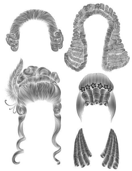 set woman and man hairs  . black  pencil drawing sketch . medieval style rococo baroque . wig   curls hairstyle 