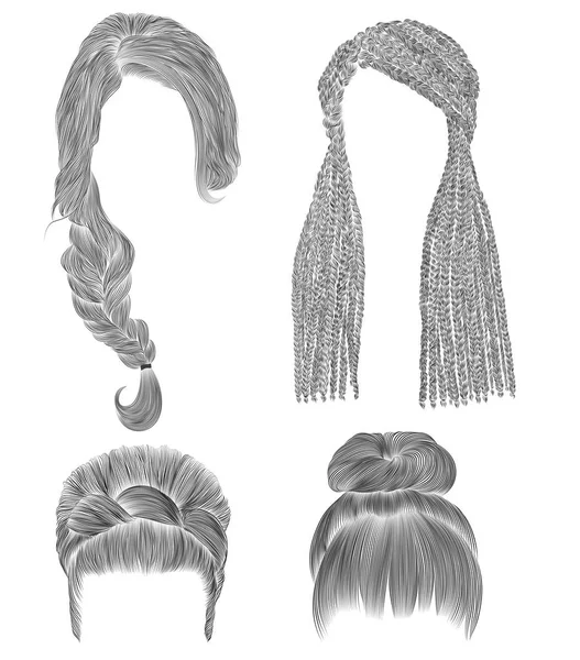 Set woman hairs  . black  pencil drawing sketch . bun babette with  fringe hairstyle.women fashion beauty style. african cornrows . — Stock Vector