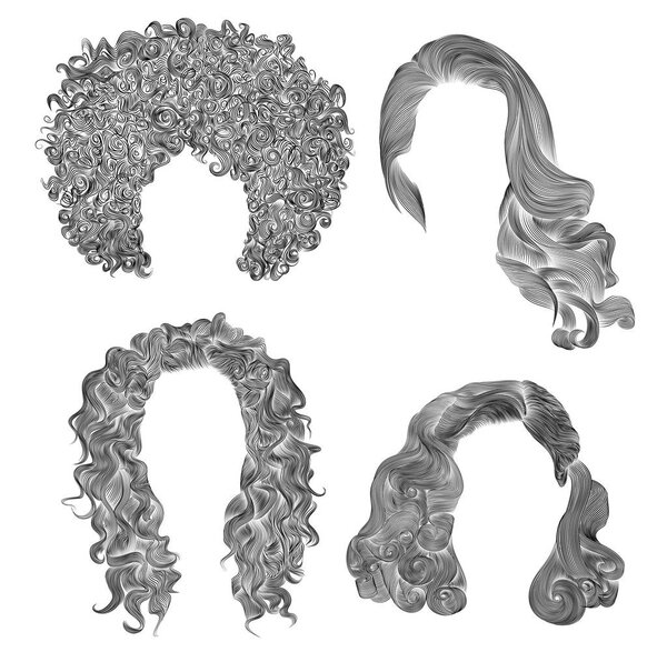 set of  different curly hairs .  fashion beauty african style . fringe  pencil drawing sketch .