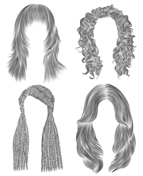 Set long woman hairs  . black  pencil drawing sketch . women fashion beauty style. african cornrows . fringe curls cascade. — Stock Vector