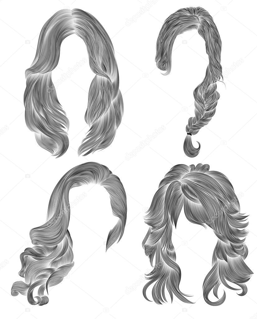 set woman  hairs  . black  pencil drawing sketch . retro  hairstyle.babette curly waves