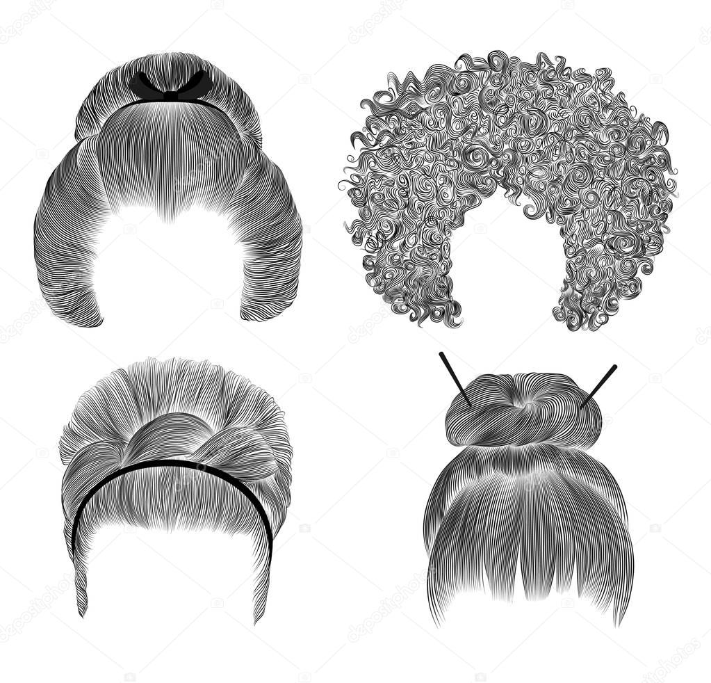 set of  different funny women hairs . fringe  pencil drawing sketch .japanese hairstile bun  with barrette .  national  fashion beauty  style . african curls hairstyle. retro hairdres barrette.