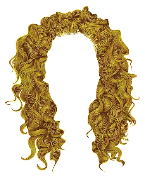 Φωτεινό κίτρινο χρώμα μακριά σγουρά μαλλιά. Ομορφιά Μόδα στυλ. περούκα . — Διανυσματικό Αρχείο