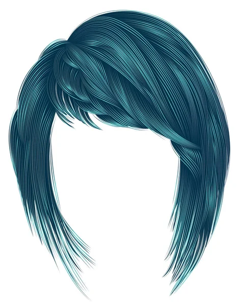 Trendiga kvinnan hårstrån blå färg. kare med lugg. medellängd — Stock vektor