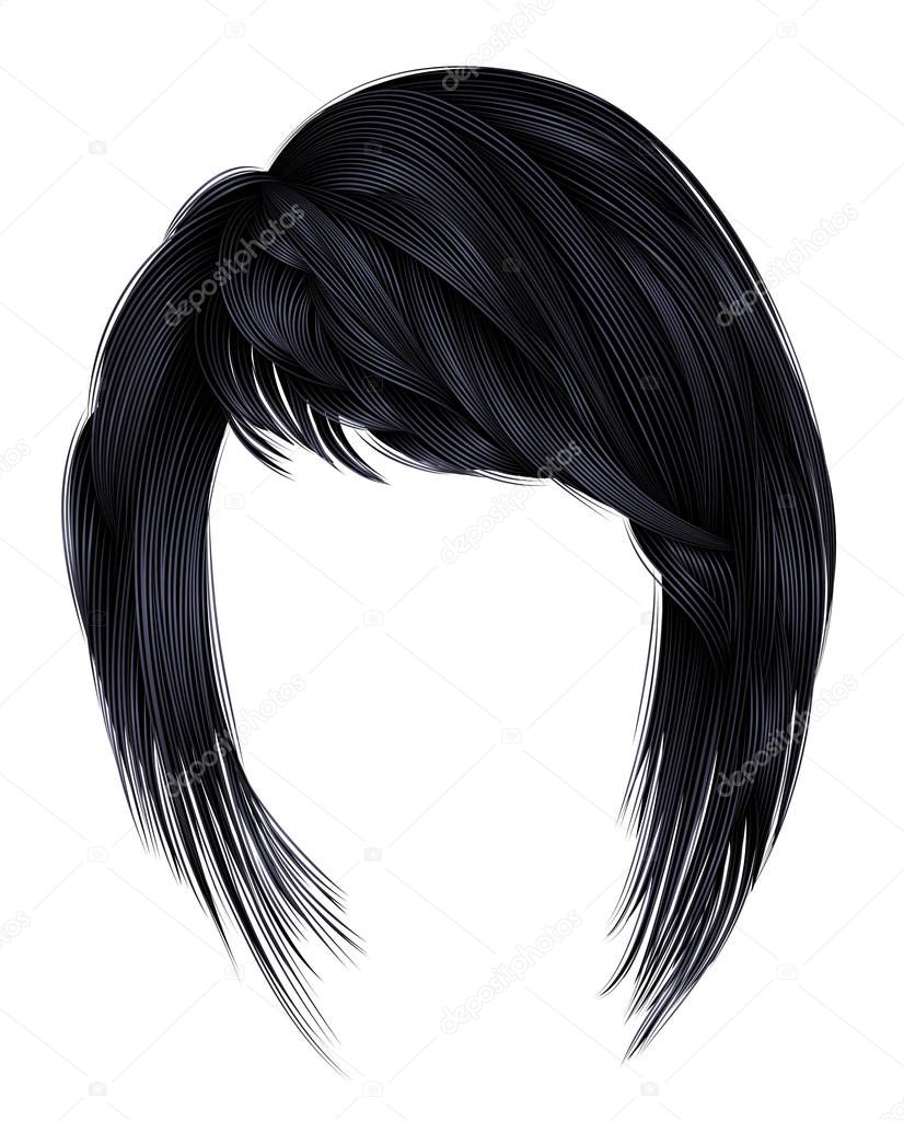trendy  woman brunette black  dark colors . hairs kare with frin