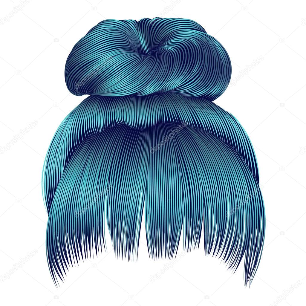 bun  hairs with fringe  blue colors . women fashion beauty style