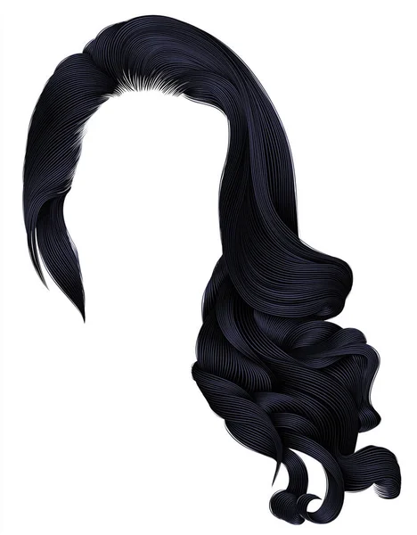 Mulher na moda longos cabelos encaracolados peruca morena preto cores escuras  . — Vetor de Stock