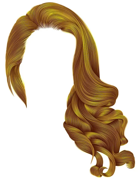 Frau trendy lange lockige Haare Perücke leuchtend gelben Farben. Retro-Stil. Schönheitsmode. Realistisches 3D . — Stockvektor