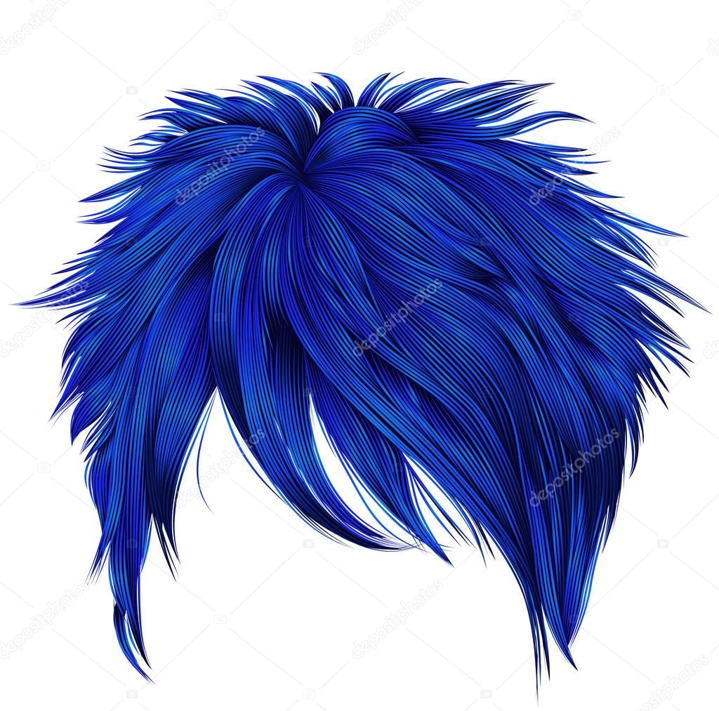 trendy woman short  hairs dark blue colors . fringe . fashion be