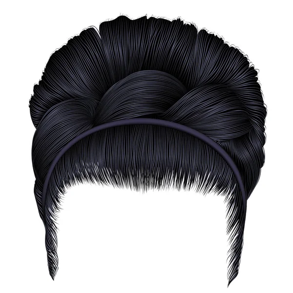 Babete de cabelos com pigtail morena cores pretas. moda estilo de beleza de moda das mulheres. 3D realista. penteado retro  . —  Vetores de Stock