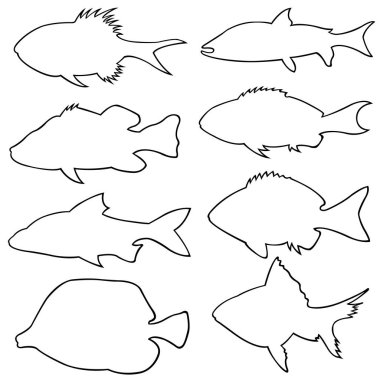 Farklı küçük balık siluetleri kümesi