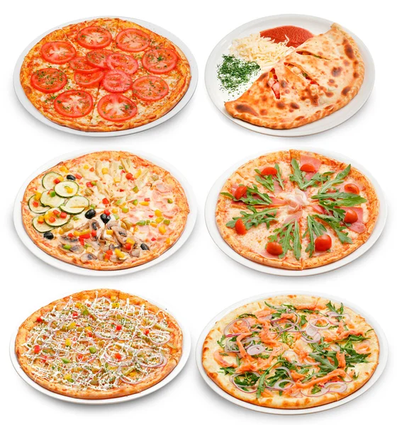 Sześć talerzy z popularnymi włoskimi pizzami — Zdjęcie stockowe