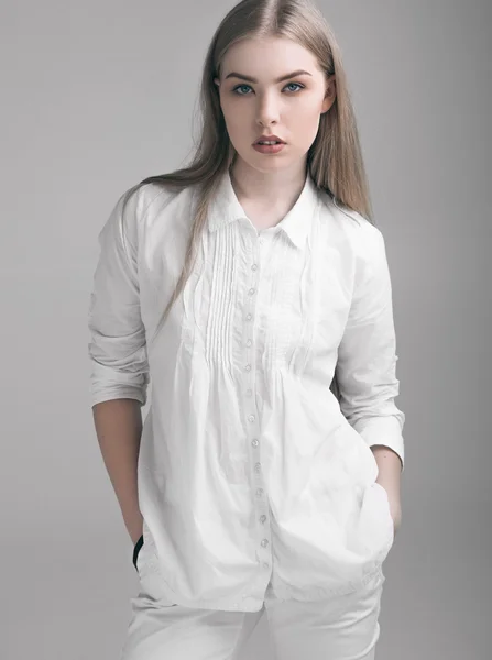 Beautiful young girl woman in white clothing — Stock Photo, Image