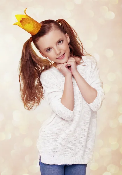 Beautiful cute little princess girl with crown — Stock Photo, Image