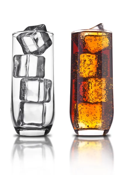 Glass of cola with ice cubes and empty glass — Stock Photo, Image