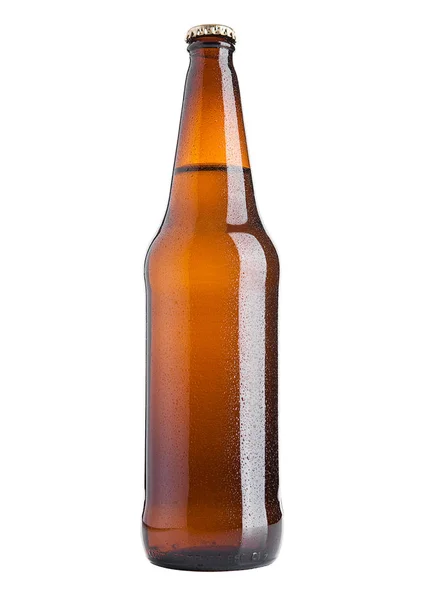 Bruin bierfles koud met vorst op wit — Stockfoto