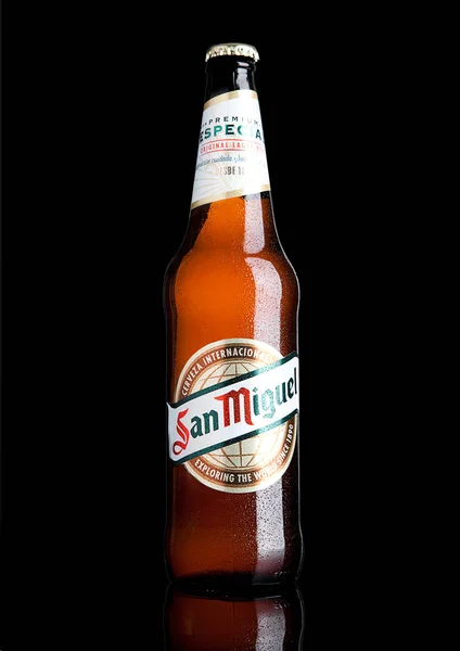 LONDON, UK- NOVEMBER, 2016: Cold bottle of San Miguel beer. The San Miguel brand of beer is the leading brand of the San Miguel Brewery Inc, the largest beer producer in the Philippines.