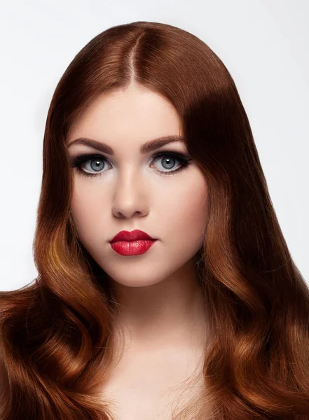 Ginger red long hair.Fashion portrait red lips — Stock Photo, Image