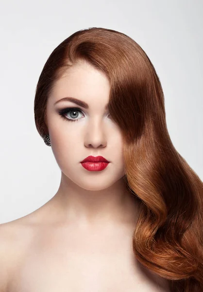 Ginger red long hair.Fashion portrait red lips — Stock Photo, Image