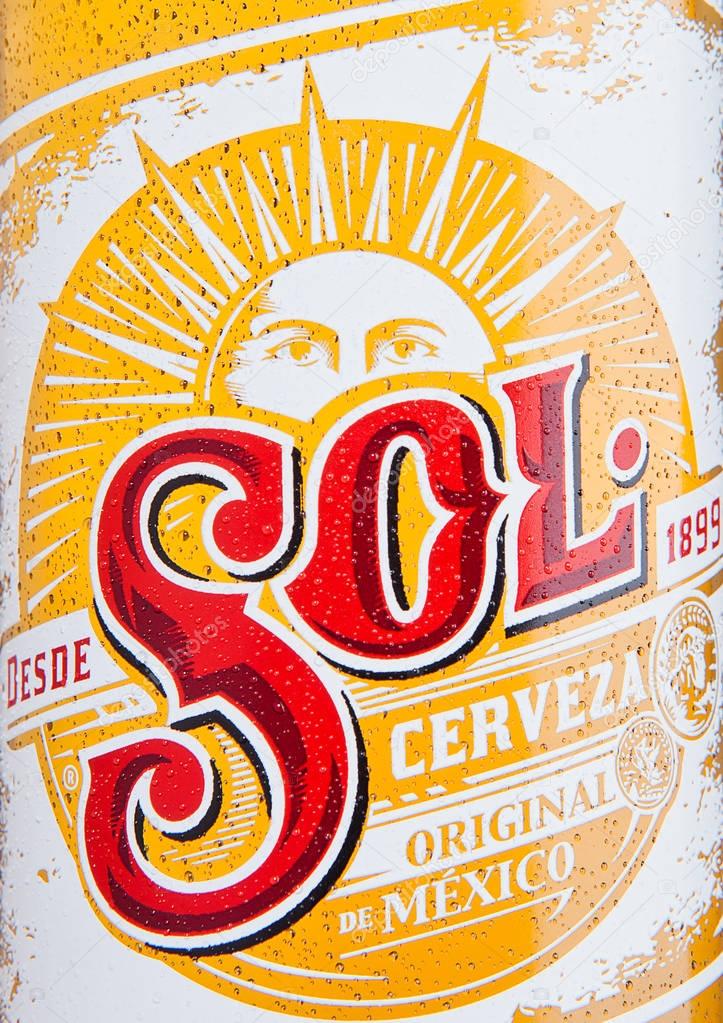 LONDON, UK - DECEMBER 15, 2016: Bottle of Sol Mexican Beer close up label. From the Cuauhtemoc Moctezuma Brewery, in Monterey, Mexico, it was first introduced in the 1890's as El Sol.