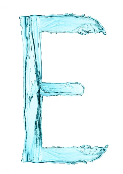 Vatten stänk bokstaven E med ljusblå färg — Stockfoto