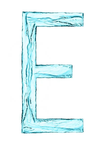 Vatten stänk bokstaven E med ljusblå färg — Stockfoto