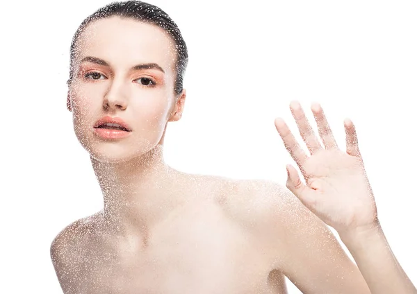 Beauty woman girl natural makeup through wet glass — Stock Photo, Image