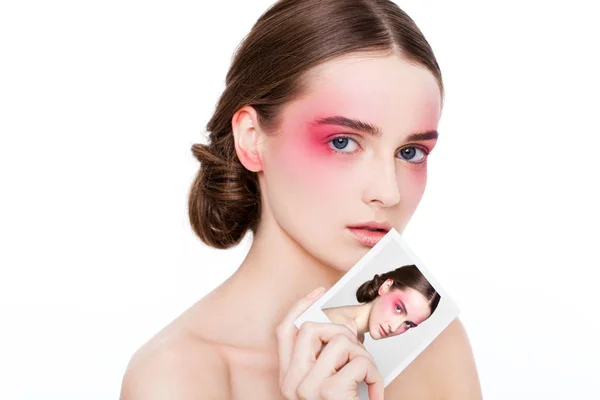 Beleza maquiagem rosa olhos e lábios modelo de moda — Fotografia de Stock