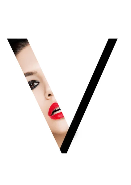 V letter beauty makeup girl creative fashion font — Stock Photo, Image