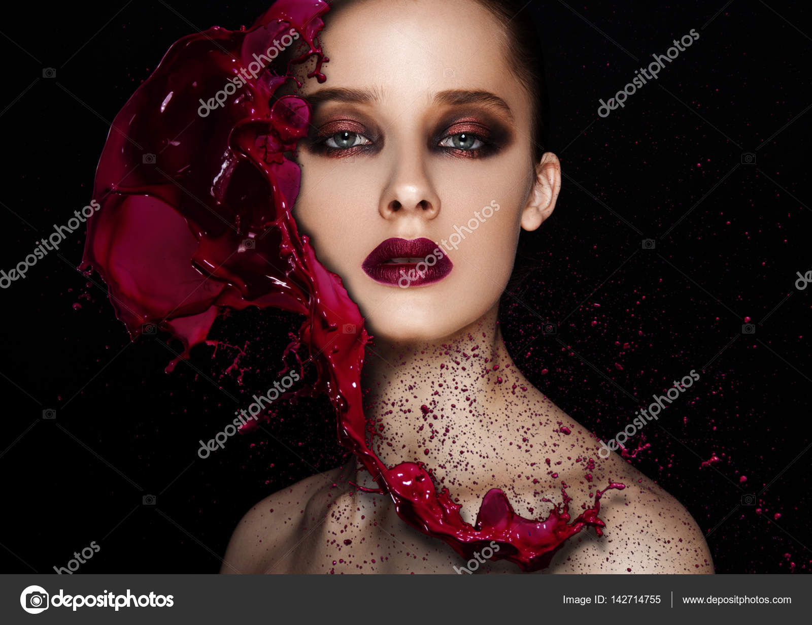 Red paint splash over beauty makeup model girl \u2014 Stock Photo