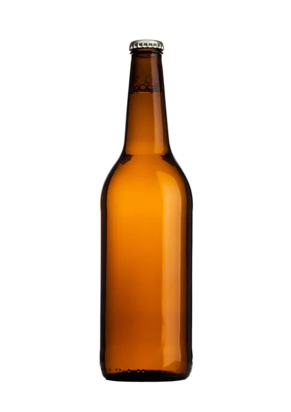 Frasco de cerveja de vidro marrom com tampa amarela isolada — Fotografia de Stock