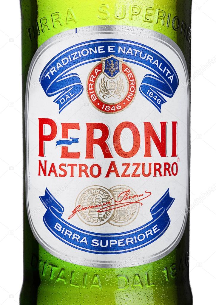 LONDON, UK - MARCH 15, 2017: Cold bottle close up logo of Peroni Beer with reflection. Founded n the town of Vigevano, Italy in 1846.