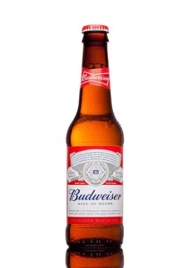 Londra, İngiltere - 21 Mart 2017: Şişe, Budweiser bira beyaz arka planda, ilk 1876 yılında tanıtılan bir Amerikan lager.