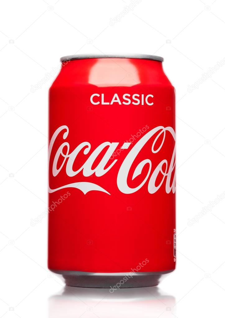 LONDON,UK - MARCH 21, 2017 : A can of Coca Cola drink  on white background. The drink is produced and manufactured by The Coca-Cola Company.
