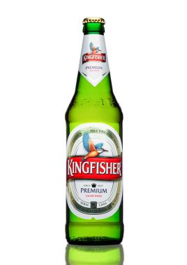LONDON,UK - MARCH 23, 2017 : Bottle of Kingfisher beer on white. Kingfisher is the Number one beer of India. clipart