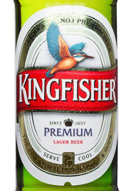 LONDON,UK - MARCH 23, 2017 : Bottle label of Kingfisher beer on white. Kingfisher is the Number one beer of India. clipart