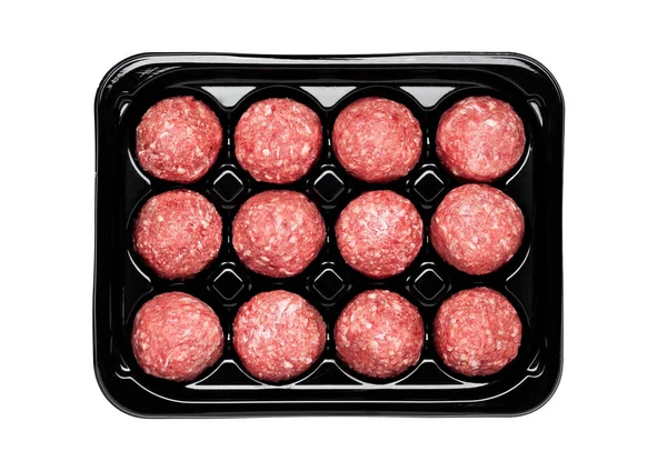 Raw beef meatballs in black plastick tray — Stock Photo, Image