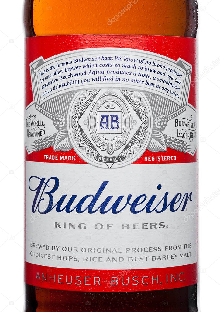 LONDON,UK - MARCH 21, 2017 : Bottle label of Budweiser Beer with new twist off cap on white background. An American lager first introduced in 1876.