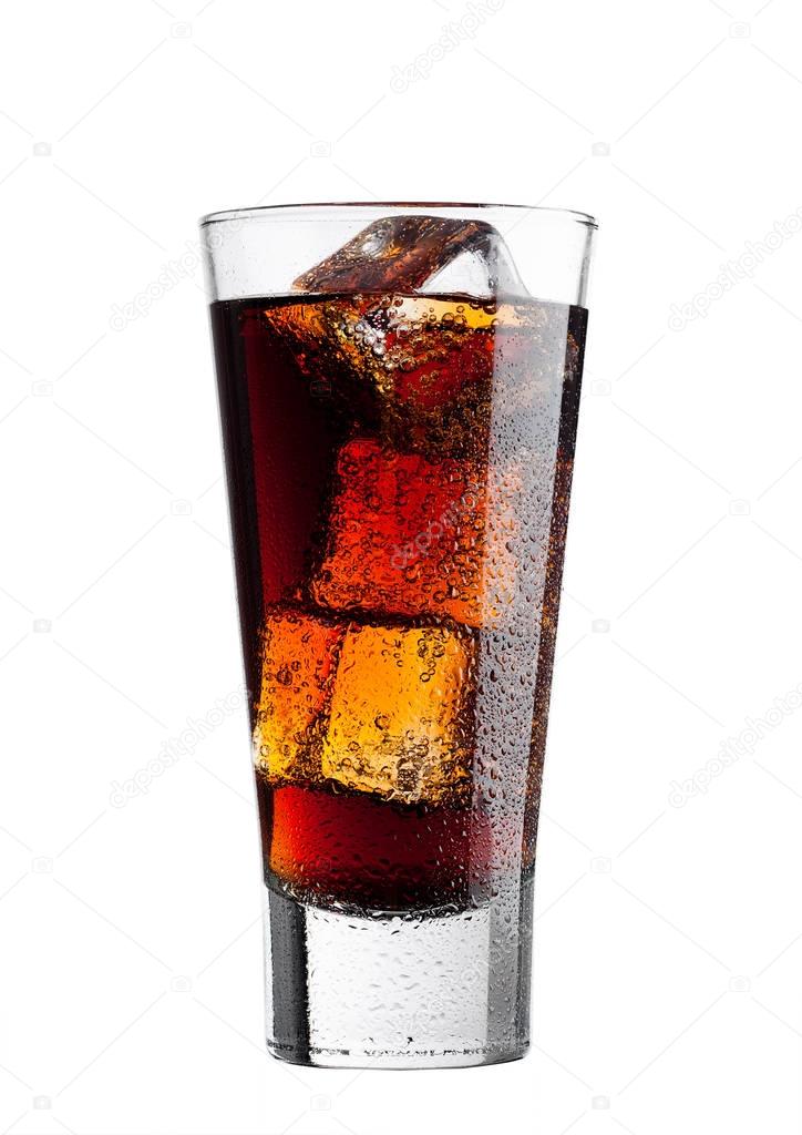 Glass of cold cola soda drink with ice cubes