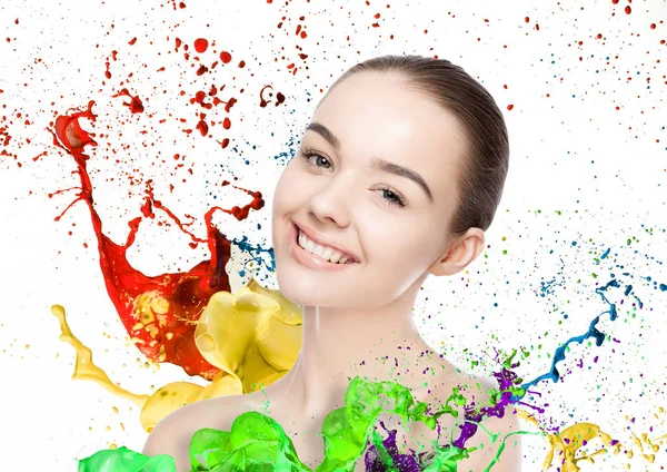 Beautiful woman cute smile with color paint splash — Stock Photo, Image