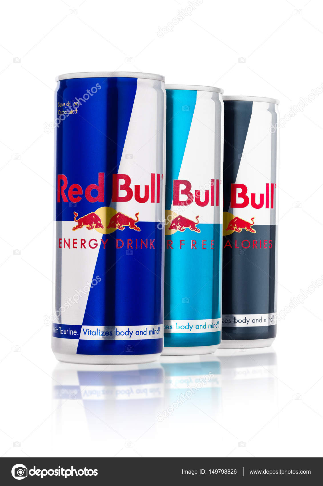 UK - APRIL 12, 2017: Cans of Red Bull Energy Drink Sugar Free and Zero Calories on white background. Red Bull is the most popular energy drink in the world. –