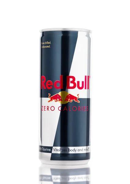 LONDON, UK - APRIL 12, 2017: Can of Red Bull Zero Calories Energy Drink on white background. Red Bull is the most popular energy drink in the world. — Stockfoto