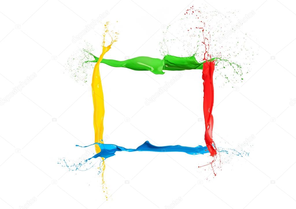 Colorful liquid paint splashes frame mixed colors