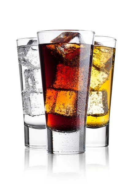 Glasses of energy drink cola and  sparkling water — Stock Photo, Image