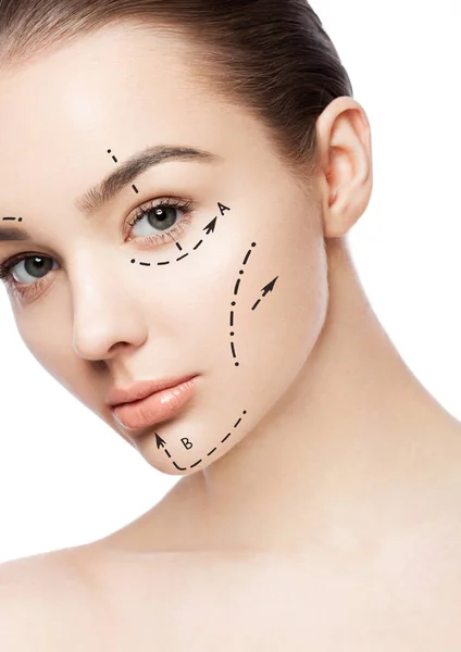 Plastic surgery woman face with face lift lines — Stock Photo, Image