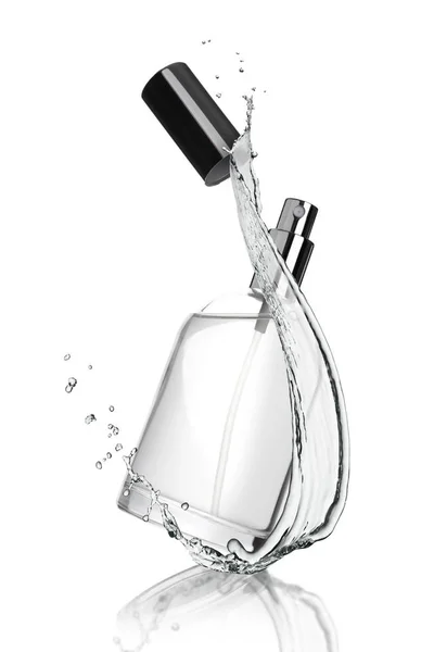 Full burk av parfym med reflektion vattenstänk — Stockfoto
