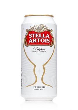 LONDON, UK - MAY 29, 2017: Alluminium can of Stella Artois beer on white. Stella Artois has been brewed since 1926 in Belgium. clipart