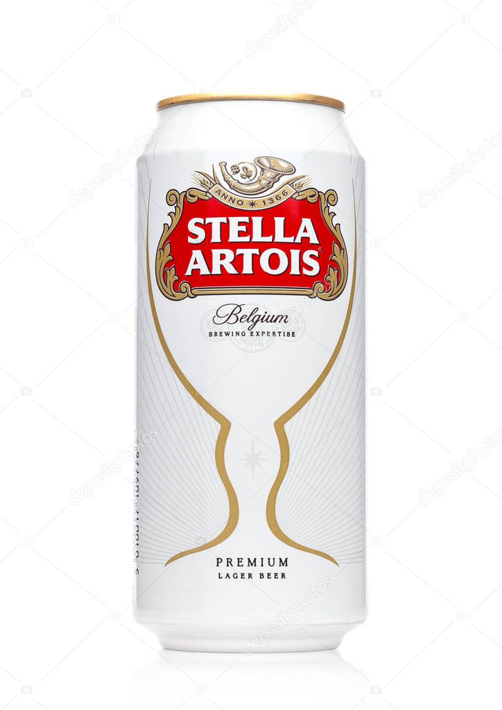 LONDON, UK - MAY 29, 2017: Alluminium can of Stella Artois beer on white background. Stella Artois has been brewed since 1926 in Belgium.