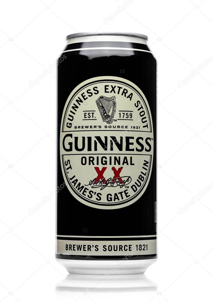LONDON, UK - MAY 29, 2017: Alluminium can of Guinness original beer on white background. Guinness beer has been produced since 1759 in Dublin, Ireland.