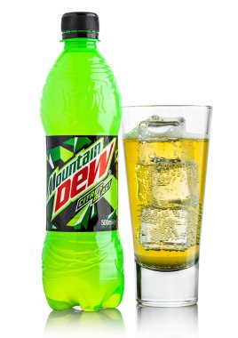 LONDON, UK - JUNE 9, 2017: Bottle and glass of Mountain Dew drin clipart